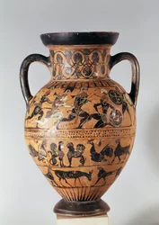 Attic black figure amphora depicting warriors fighting and fantastical animals (ceramic)